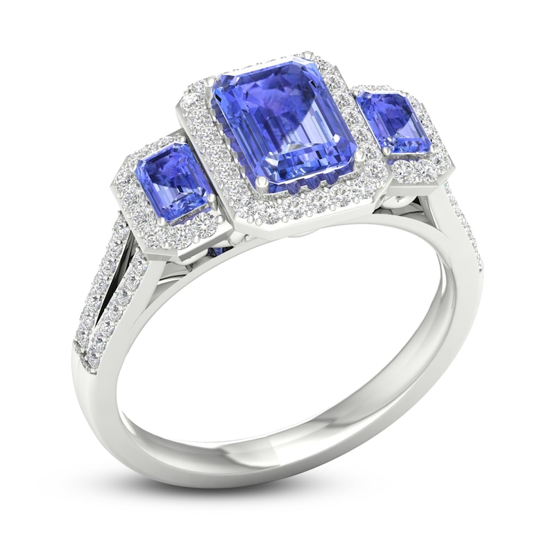 Main Image 2 of Natural Tanzanite 3-Stone Engagement Ring 1/3 ct tw Round/Emerald 14K White Gold