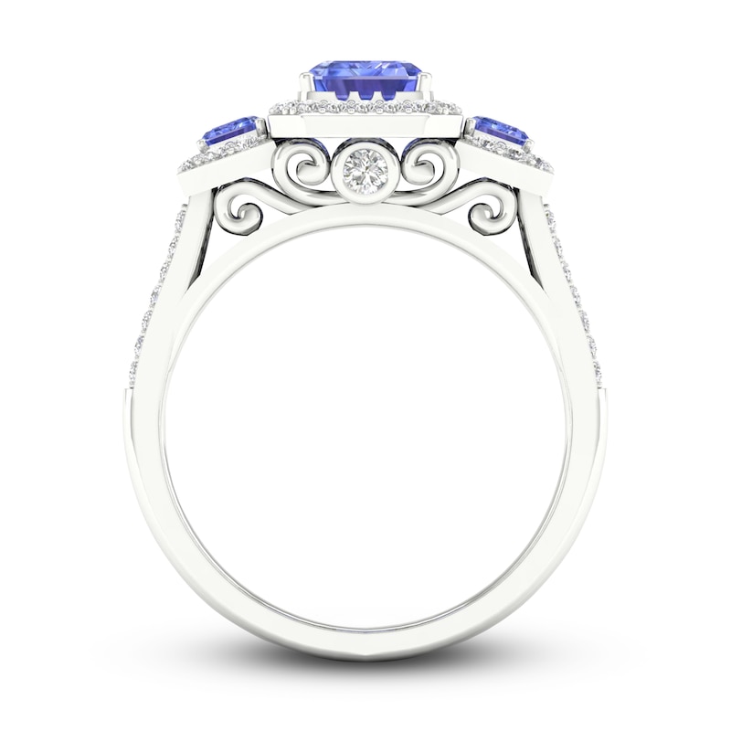 Main Image 3 of Natural Tanzanite 3-Stone Engagement Ring 1/3 ct tw Round/Emerald 14K White Gold