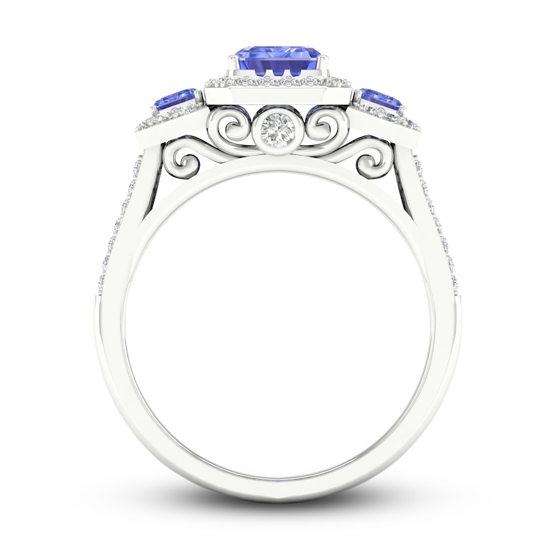 Natural Tanzanite 3-Stone Engagement Ring 1/3 ct tw Round/Emerald 14K White Gold