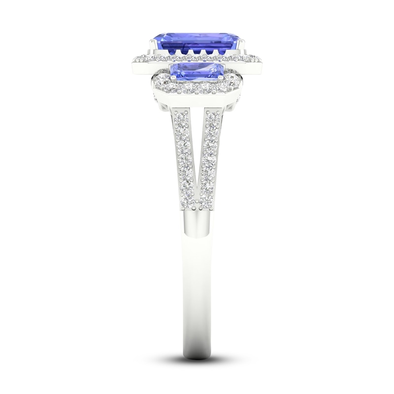 Main Image 4 of Natural Tanzanite 3-Stone Engagement Ring 1/3 ct tw Round/Emerald 14K White Gold
