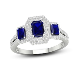 Natural Blue Sapphire Engagement Ring 1/3 ct tw Round/Emerald 14K White Gold