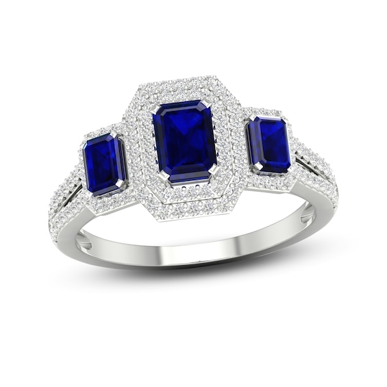 Natural Blue Sapphire Engagement Ring 1/3 ct tw Round/Emerald 14K White ...