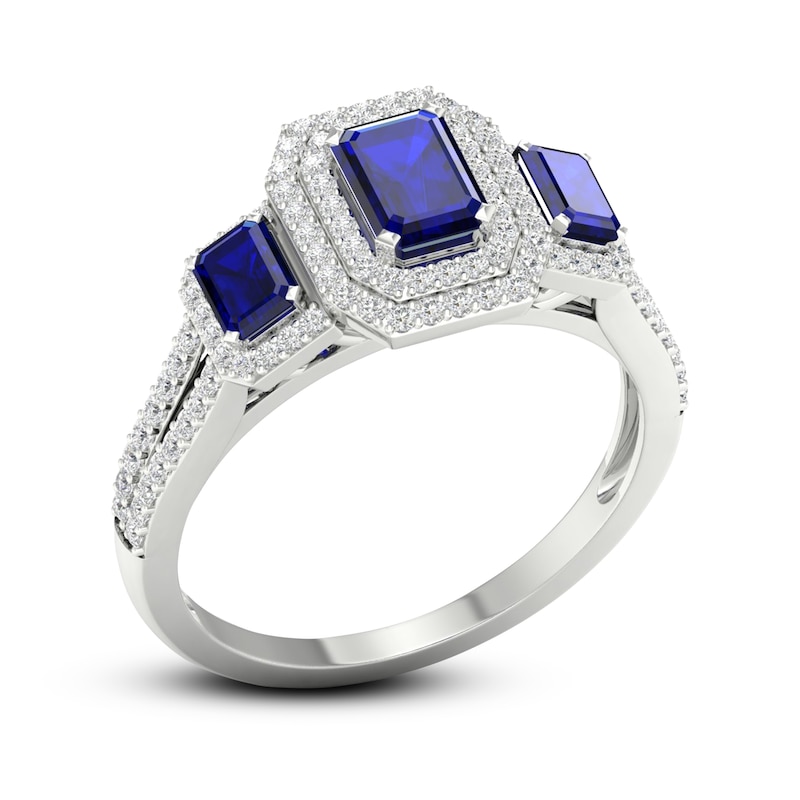 Natural Blue Sapphire Engagement Ring 1/3 ct tw Round/Emerald 14K White Gold