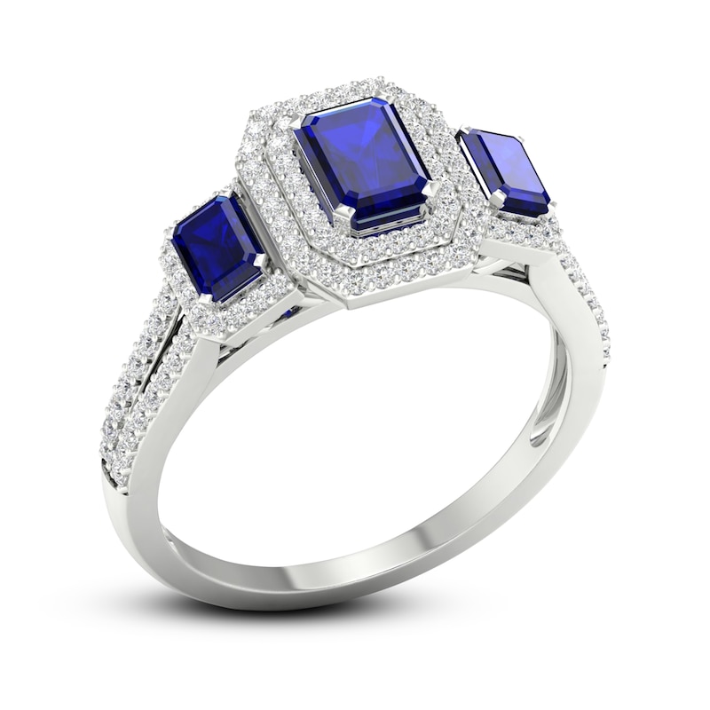 Main Image 2 of Natural Blue Sapphire Engagement Ring 1/3 ct tw Round/Emerald 14K White Gold