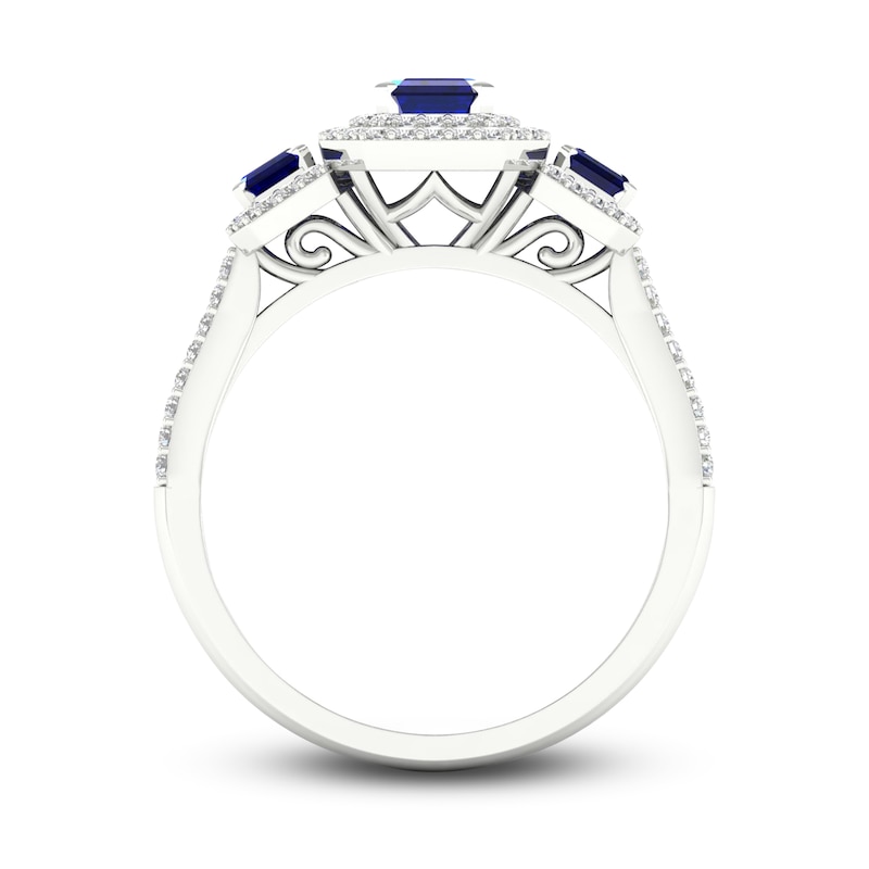 Main Image 3 of Natural Blue Sapphire Engagement Ring 1/3 ct tw Round/Emerald 14K White Gold