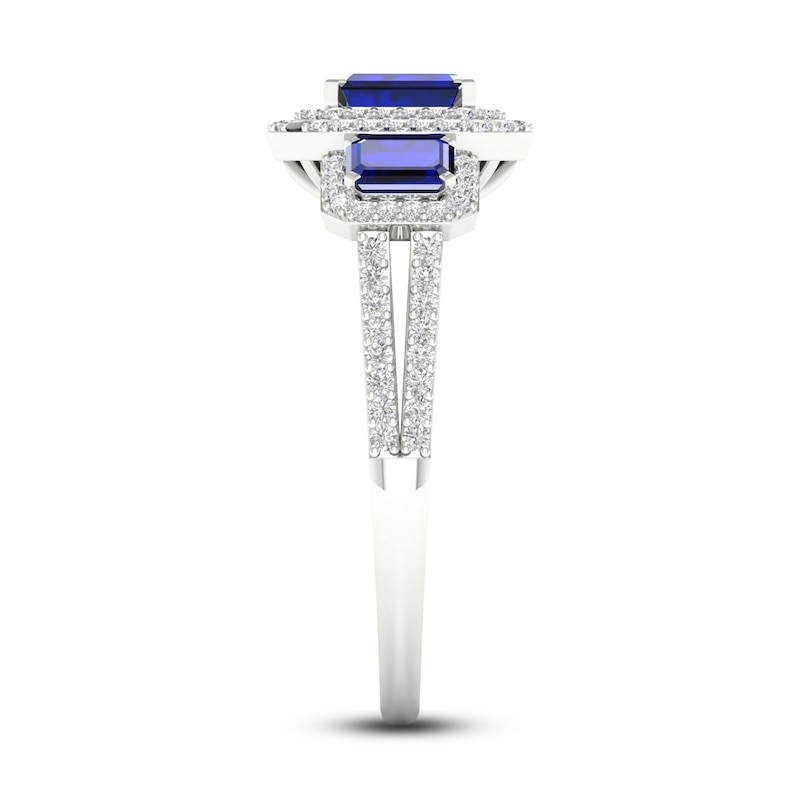 Main Image 4 of Natural Blue Sapphire Engagement Ring 1/3 ct tw Round/Emerald 14K White Gold