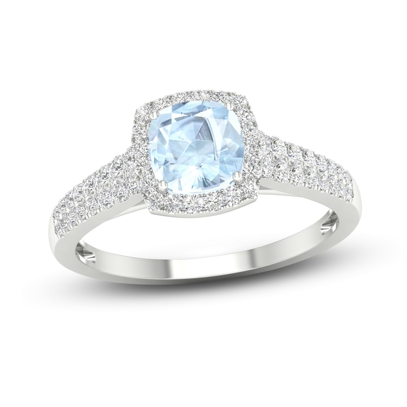Main Image 1 of Natural Aquamarine Engagement Ring 1/3 ct tw Round/Cushion 14K White Gold