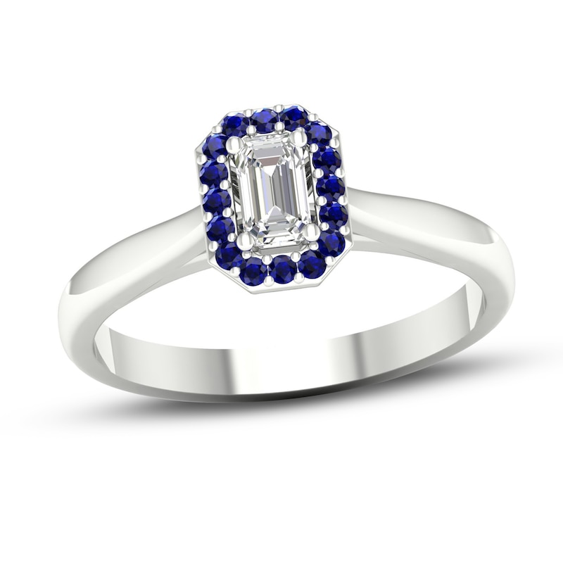 Diamond & Natural Blue Sapphire Engagement Ring 1/4 ct tw Emerald-cut 14K White Gold