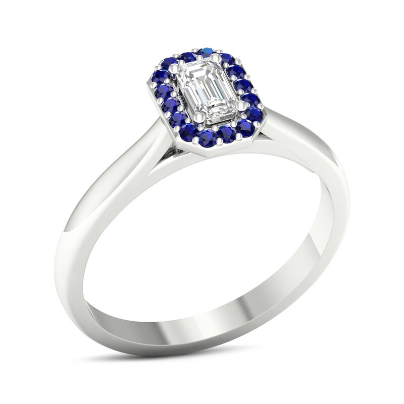 Main Image 2 of Diamond & Natural Blue Sapphire Engagement Ring 1/4 ct tw Emerald-cut 14K White Gold