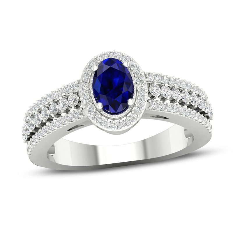 Main Image 1 of Diamond & Natural Blue Sapphire Engagement Ring 1/3 ct tw Round 14K White Gold