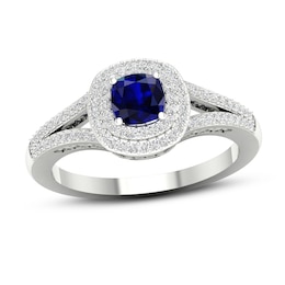 Diamond & Natural Blue Sapphire Engagement Ring 1/4 ct tw Cushion 14K White Gold