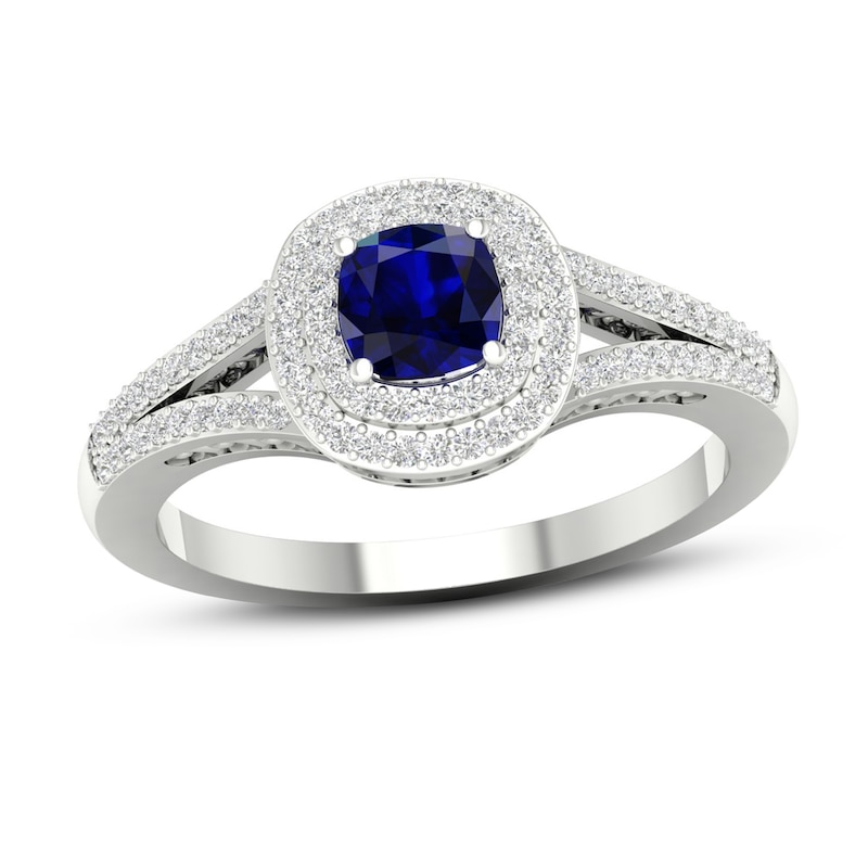 Main Image 1 of Diamond & Natural Blue Sapphire Engagement Ring 1/4 ct tw Cushion 14K White Gold