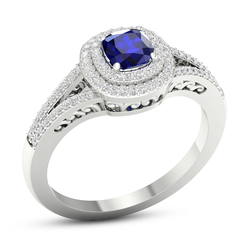 Main Image 2 of Diamond & Natural Blue Sapphire Engagement Ring 1/4 ct tw Cushion 14K White Gold