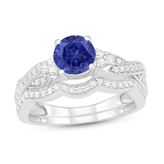 Natural Blue Sapphire Bridal Set 3/8 ct tw Diamonds 14K White Gold