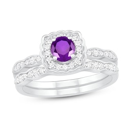 Natural Amethyst Bridal Set 1/3 ct tw Diamonds 14K White Gold