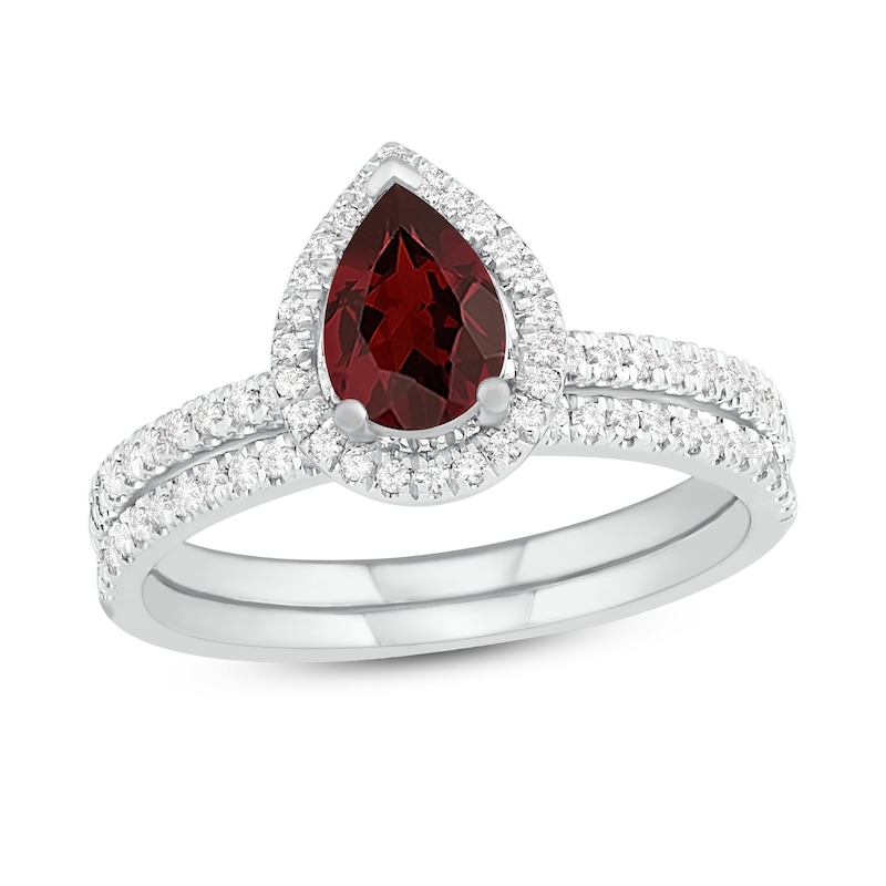 Main Image 1 of Natural Garnet Bridal Set 1/3 ct tw Diamonds 14K White Gold