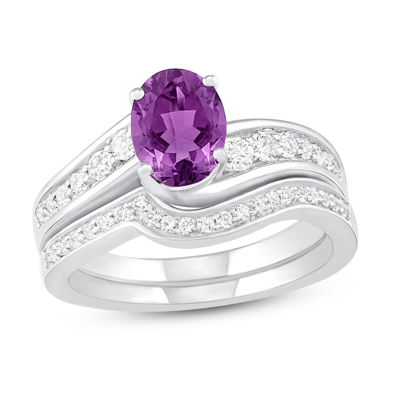 Main Image 1 of Natural Amethyst Bridal Set 3/8 ct tw Diamonds 14K White Gold