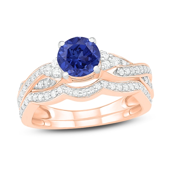 Natural Blue Sapphire Bridal Set 3/8 ct tw Diamonds 14K Rose Gold
