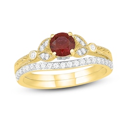 Natural Garnet Bridal Set 1/4 ct tw Diamonds 14K Yellow Gold