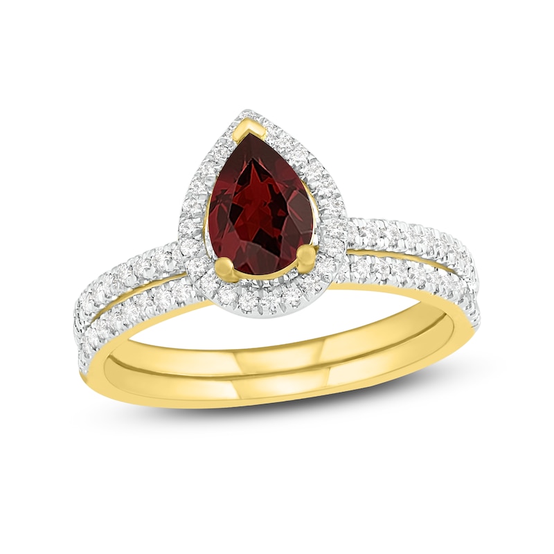 Natural Garnet Bridal Set 1/3 ct tw Diamonds 14K Yellow Gold