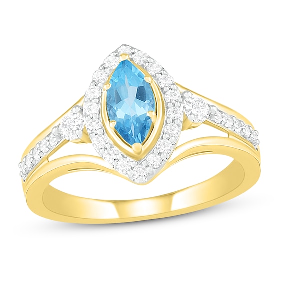 Natural Blue Topaz Engagement Ring 3/8 ct tw Diamonds 14K Yellow Gold
