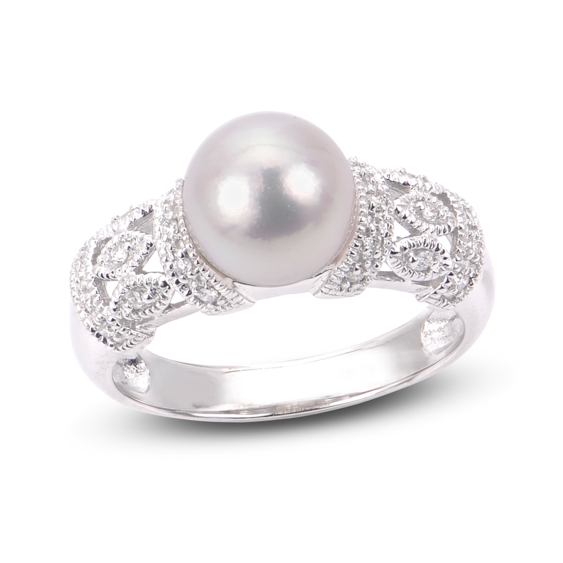 Main Image 1 of Akoya Cultured Pearl Engagement Ring 1/8 ct wt Diamonds 14K White Gold