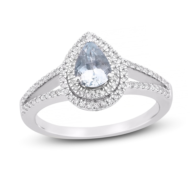 Natural Aquamarine Engagement Ring 1/4 ct tw Diamonds 14K White Gold 7.0mm x 5.0mm