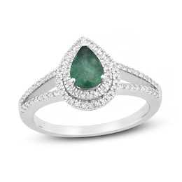 Natural Emerald Engagement Ring 1/4 ct tw Diamonds 14K White Gold