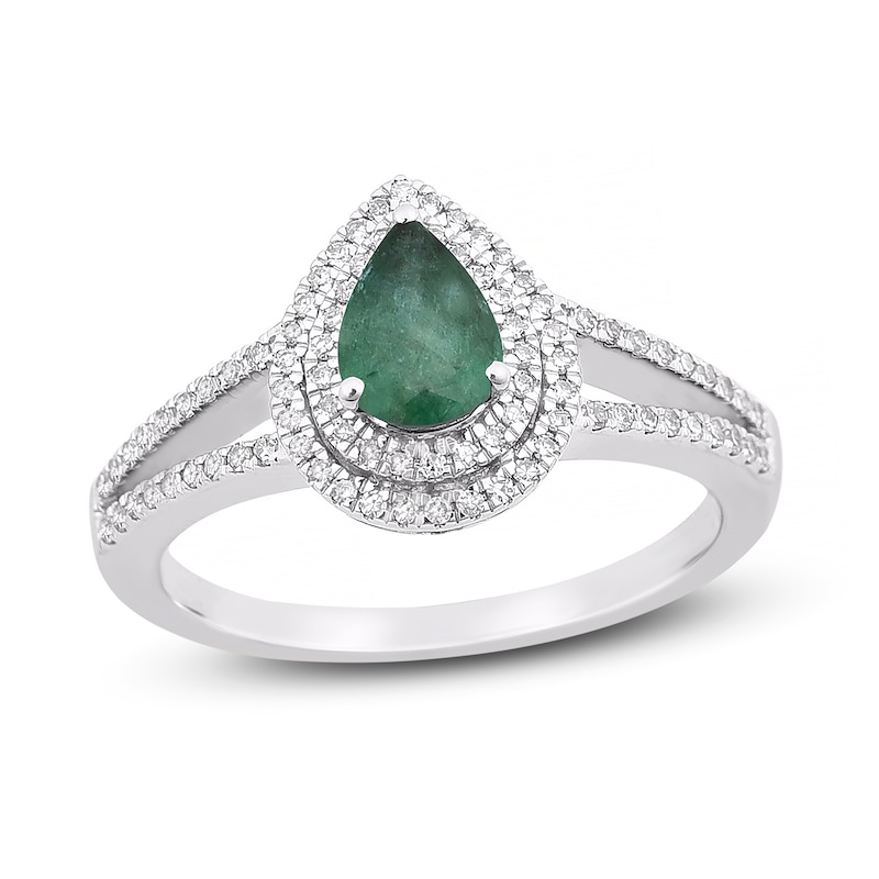 Main Image 1 of Natural Emerald Engagement Ring 1/4 ct tw Diamonds 14K White Gold