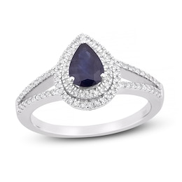 Natural Blue Sapphire Engagement Ring 1/4 ct tw Diamonds 14K White Gold