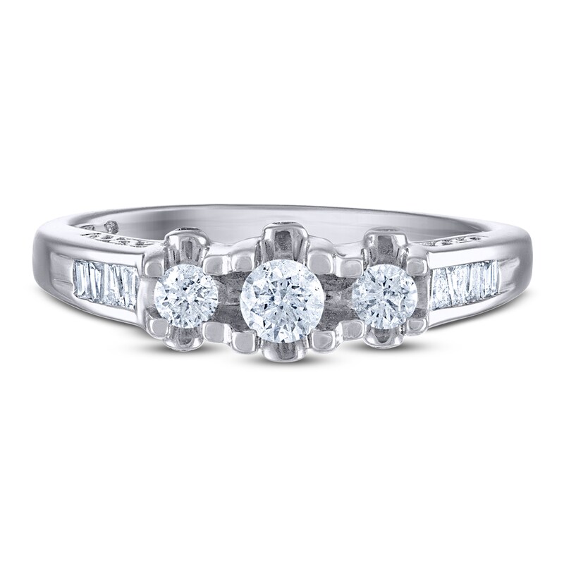 Main Image 1 of Diamond 3-Stone Engagement Ring 1/2 ct tw Round/Baguette 14K White Gold
