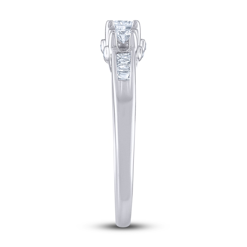 Main Image 2 of Diamond 3-Stone Engagement Ring 1/2 ct tw Round/Baguette 14K White Gold