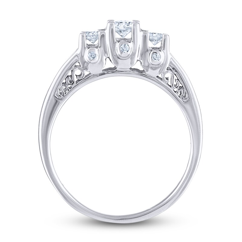 Main Image 3 of Diamond 3-Stone Engagement Ring 1/2 ct tw Round/Baguette 14K White Gold