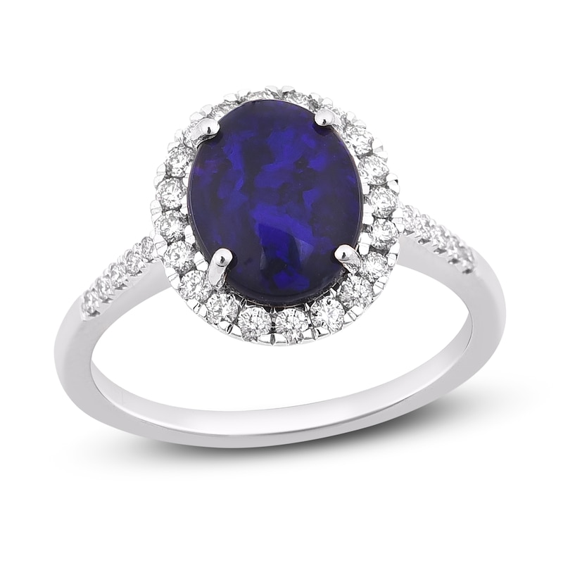 Natural Blue Opal Engagement Ring 1/3 ct tw Diamonds 14K White Gold