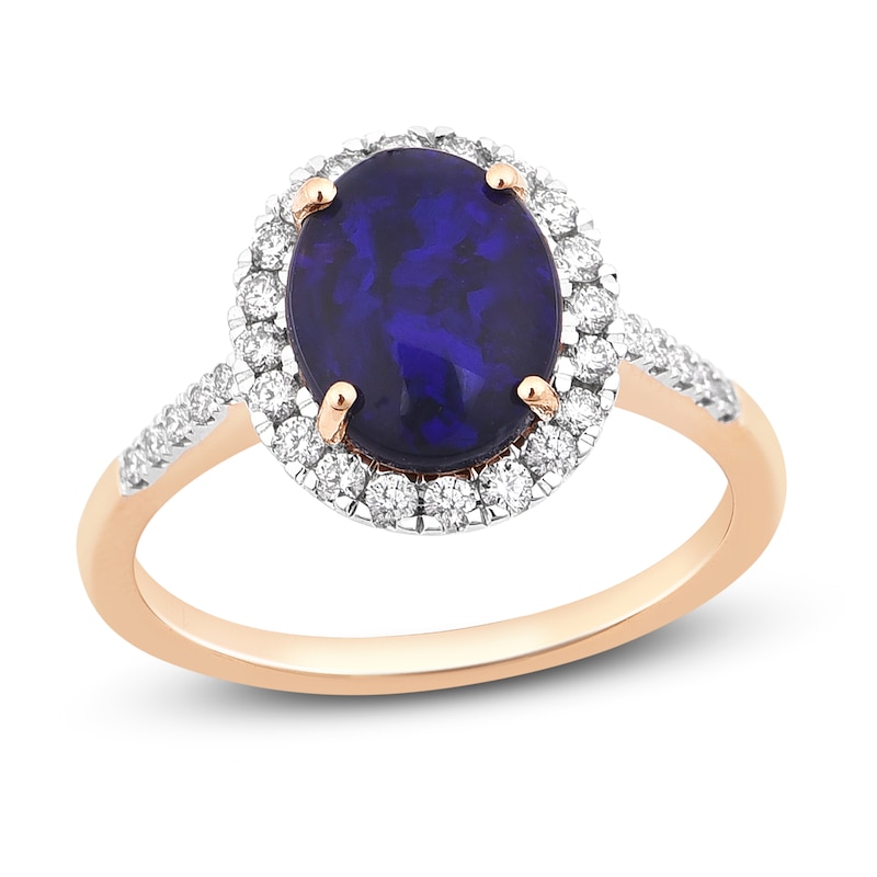 Natural Blue Opal Engagement Ring 1/3 ct tw Diamonds 14K Yellow Gold