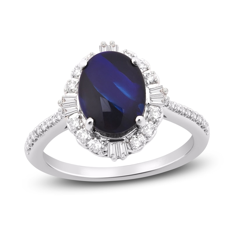 Main Image 1 of Diamond & Natural Blue Opal Engagement Ring 1/3 ct tw Oval/Round/Baguette 14K White Gold