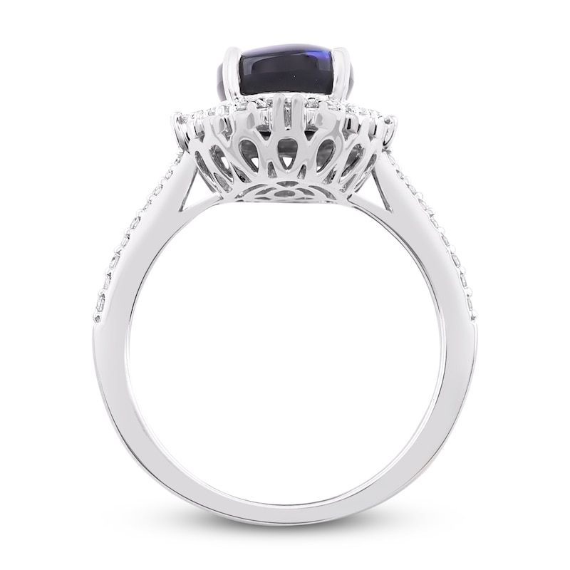 Main Image 3 of Diamond & Natural Blue Opal Engagement Ring 1/3 ct tw Oval/Round/Baguette 14K White Gold