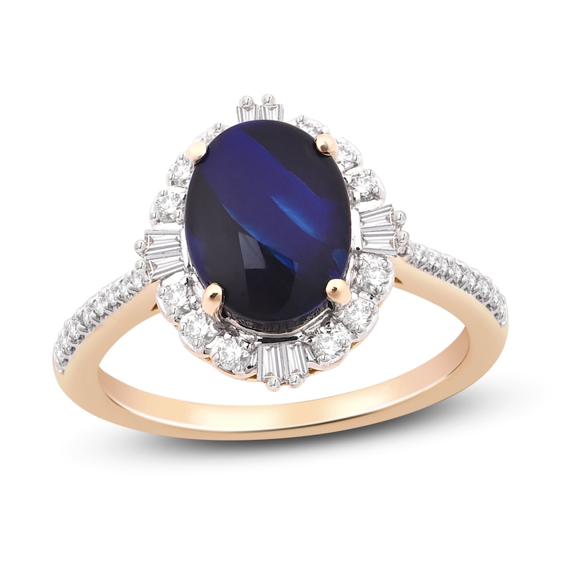 Main Image 1 of Natural Blue Opal Engagement Ring 1/3 ct tw Diamonds 14K Yellow Gold