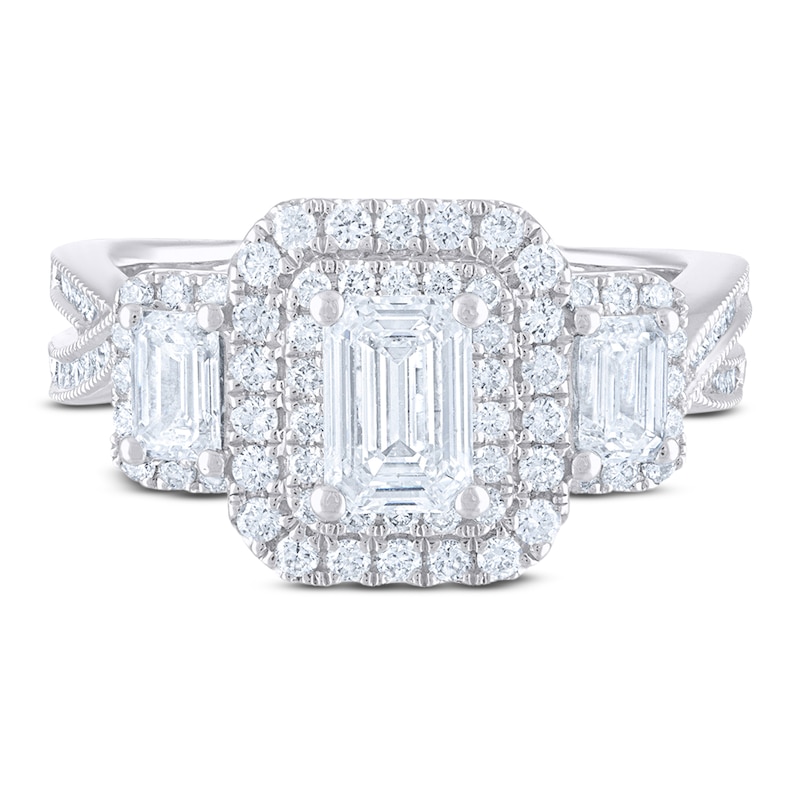 Main Image 1 of Diamond 3-Stone Engagement Ring 2 ct tw Emerald/Round 14K White Gold