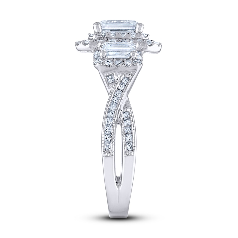Main Image 2 of Diamond 3-Stone Engagement Ring 2 ct tw Emerald/Round 14K White Gold