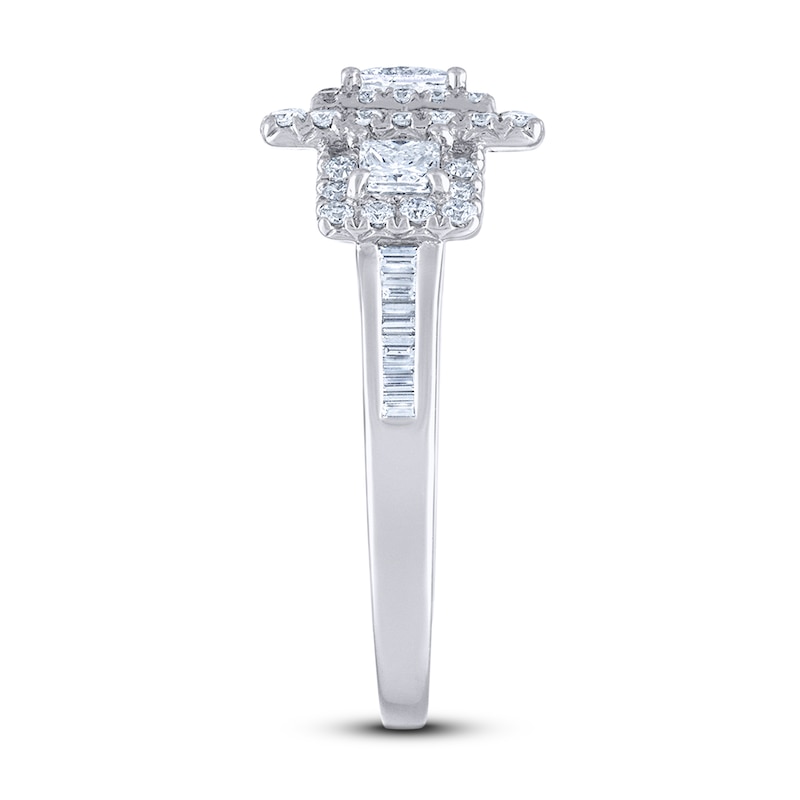 Main Image 2 of Diamond 3-Stone Engagement Ring 1-1/2 ct tw Round/Princess/Baguette 14K White Gold