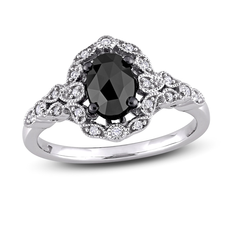 Main Image 1 of Black Diamond Engagement Ring 1 ct tw Round/Oval 14K White Gold