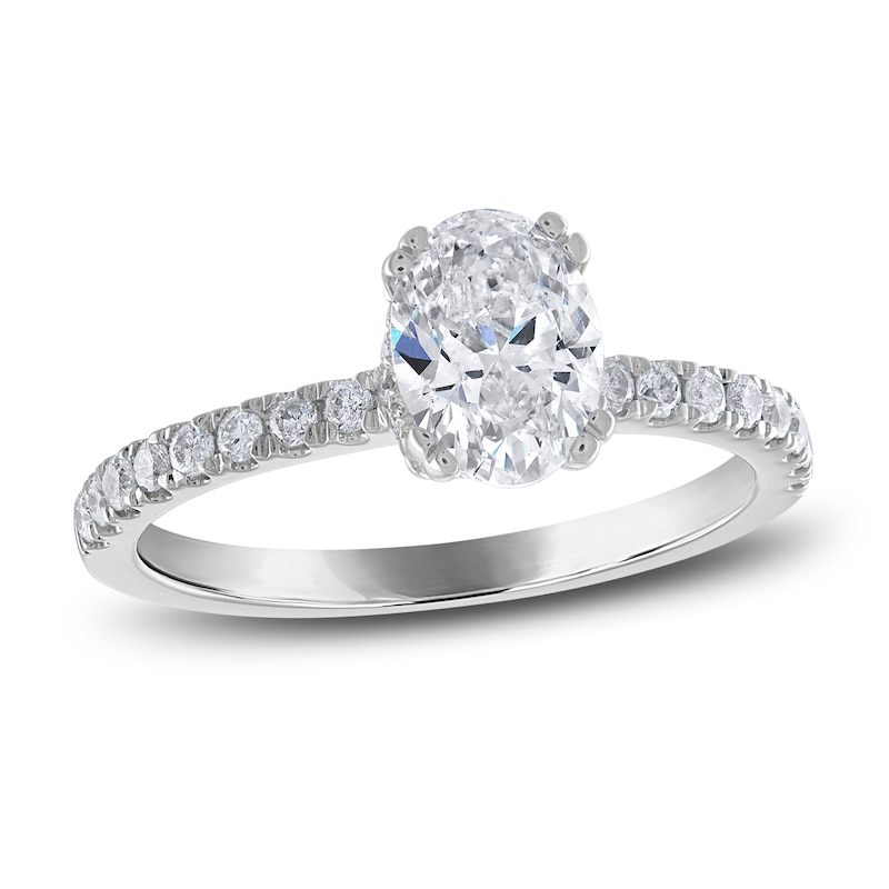 Main Image 1 of Certified Diamond Engagement Ring 1-1/4 ct tw Oval/Round 14K White Gold