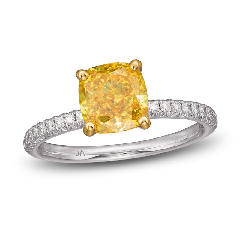 Main Image 1 of Yellow Lab-Grown Diamond Engagement Ring 2 ct tw Round/Cushion 14K Two-Tone