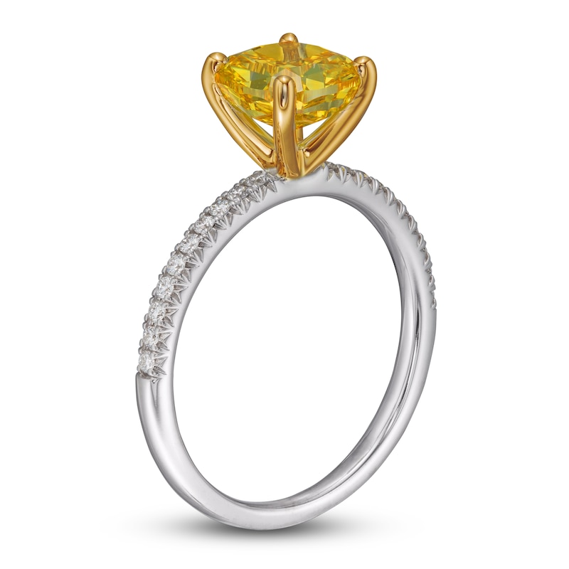 Main Image 2 of Yellow Lab-Grown Diamond Engagement Ring 2 ct tw Round/Cushion 14K Two-Tone