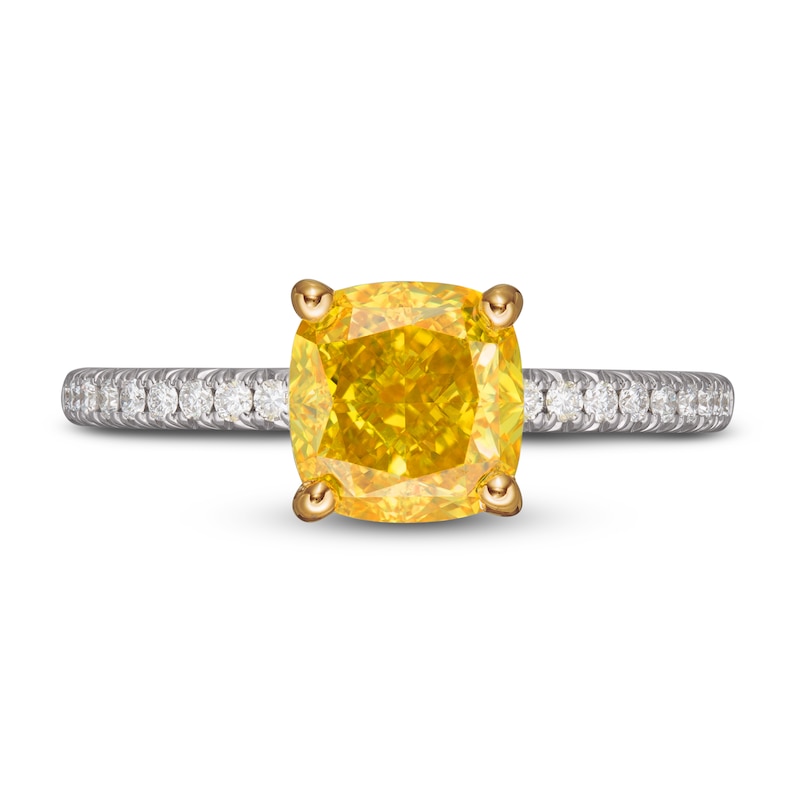 Main Image 3 of Yellow Lab-Grown Diamond Engagement Ring 2 ct tw Round/Cushion 14K Two-Tone