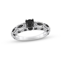Black Diamond Engagement Ring 3/4 ct tw Round 10K White Gold