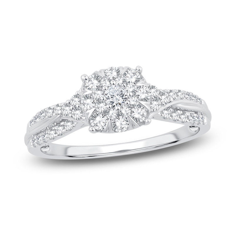 Elegant 1 Carat - Square Cut Diamond - Twisted Band - Pave - Double Halo Engagement Ring - 10K White Gold, Women's, Size: 7