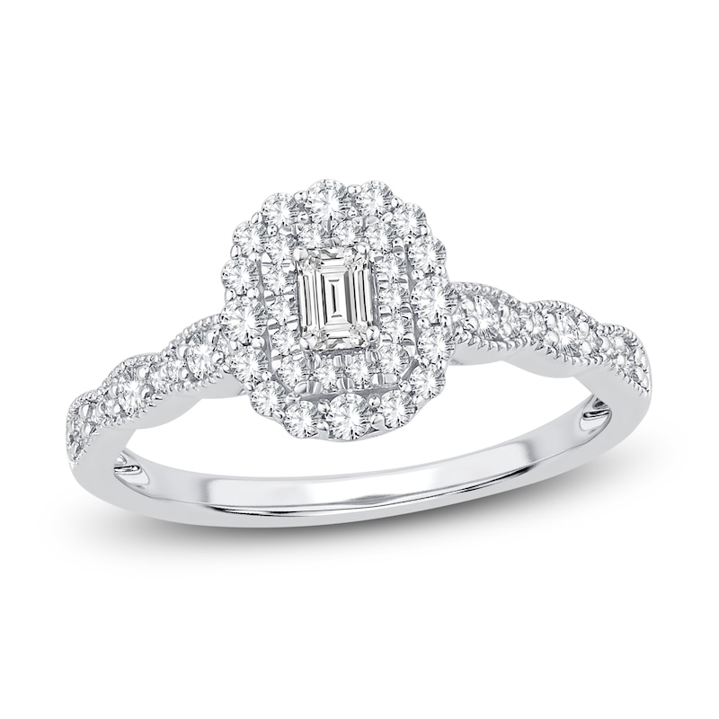 Main Image 1 of Diamond Engagement Ring 1/2 ct tw Emerald/Round 14K White Gold
