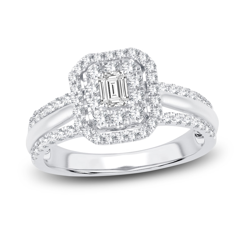 Main Image 1 of Diamond Double Halo Engagement Ring 3/4 ct tw Emerald/Round 14K White Gold